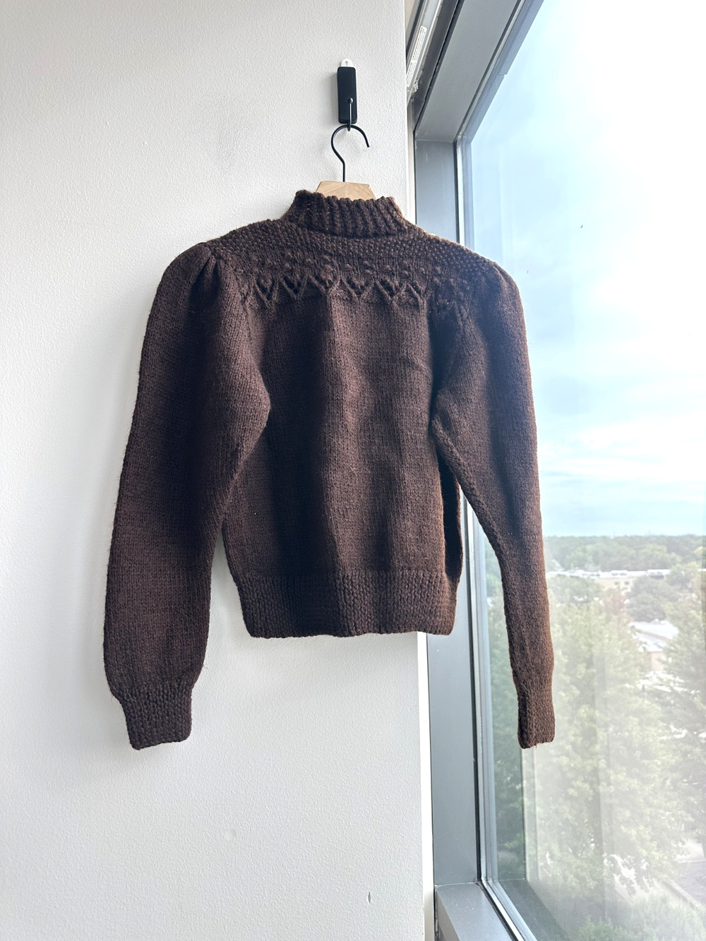Wool Brown Mock Neck Bobble Yoke Pattern Sweater Button Accents